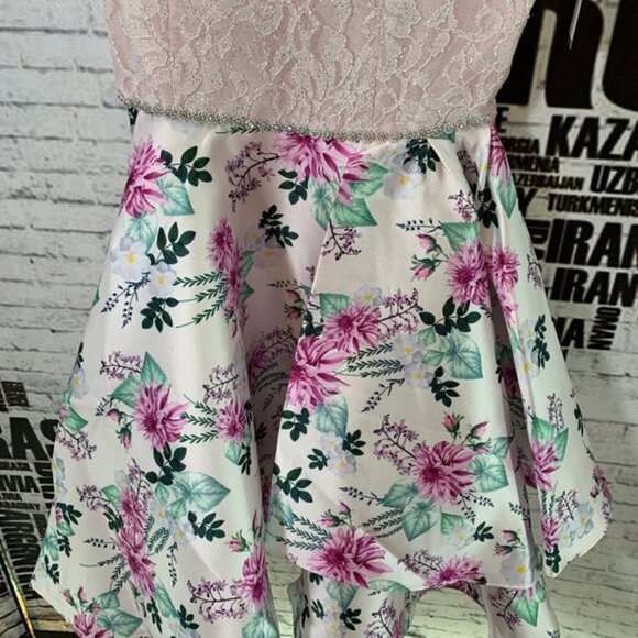 Emily Rose Pink Satin Floral Lace Sleeveless Dress - Picture 3 of 6